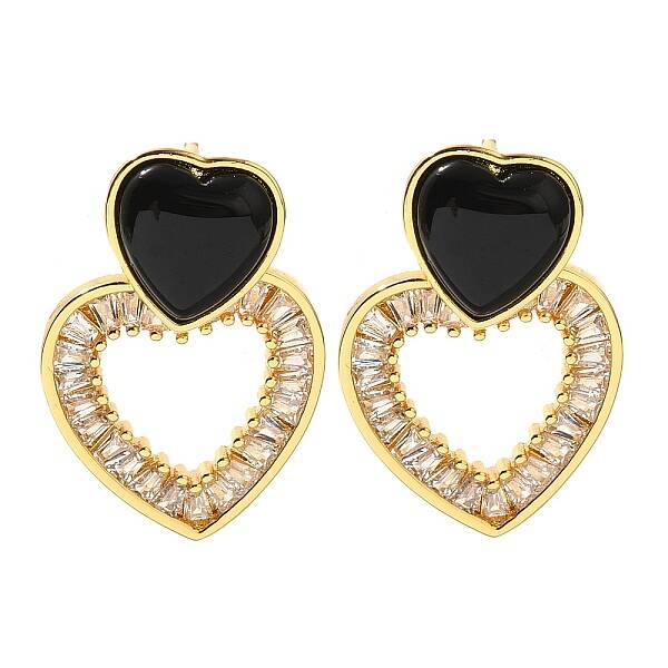 Brass Cubic Zirconia & Black Agate Stud Earrings
