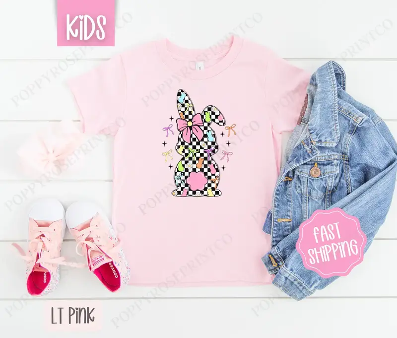 Checkered Bunny Kids Shirt - Easter Children's Tshirt - Cute Youth Tee Gildan