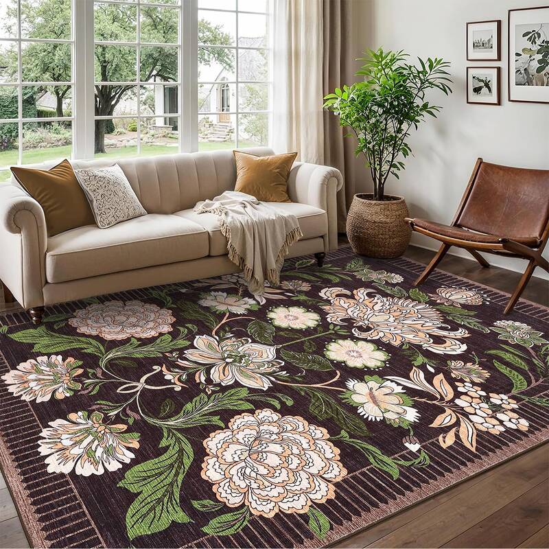 Garvee Floral Area Rug 10x13 Non-Slip Stain Resistant Ultra Thin Low Pile Soft Hypoallergenic Machine Washable Indoor Living ...