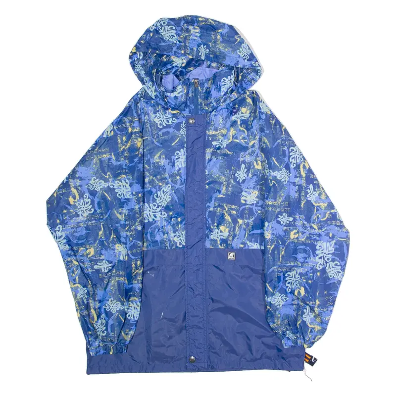 K-WAY Mens Rain Jacket Blue Nylon Hooded Crazy Pattern M