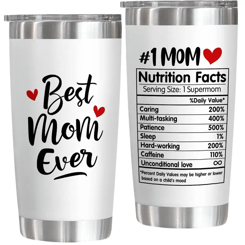 20oz Stainless Steel Vacuum Flask, 1 Count White Best Mom Nutrition Facts Themed Coffee Cup, Insulated Tumbler for Home Offi...
