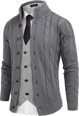 Cardigan Cable Knitted Button Down Sweater (US Only), Grey / L