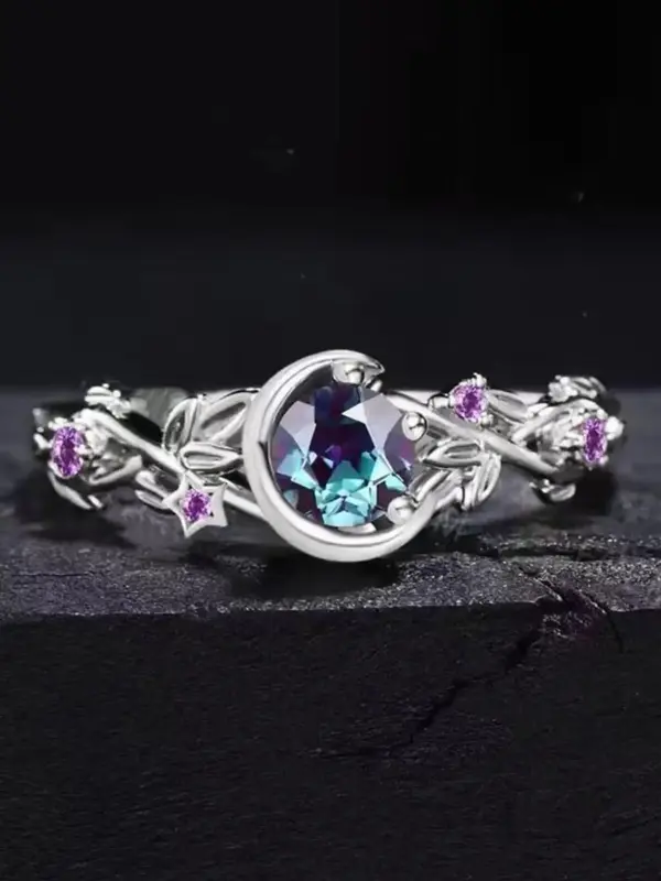 Elegant Artificial Zircon Decorated Ring, Hollow out Flower & Moon Design Ring for Women, Fashion Jewelry for Party, Daily Cl...