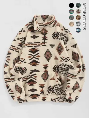 Men's Ethnic Pattern Drop Shoulder Zipper Sweatshirt, Regular Fit Casual Comfy Long Sleeve Stand Collar Pullover for Fall & W...