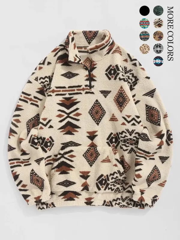 Men's Ethnic Pattern Drop Shoulder Zipper Sweatshirt, Regular Fit Casual Comfy Long Sleeve Stand Collar Pullover for Fall & W...