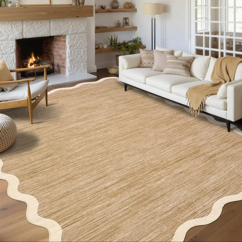 Garvee Scalloped Washable Rug 9x12 Camel Non Slip Soft Low Pile Stain Resistant Area Rug for Living Room Bedroom Nursery Dini...