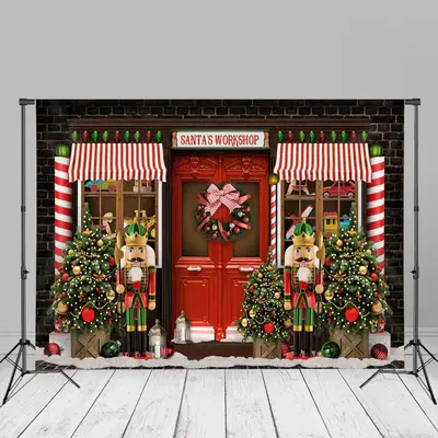 Santas Workshop Red Door Christmas Trees Backdrop - Aperturee