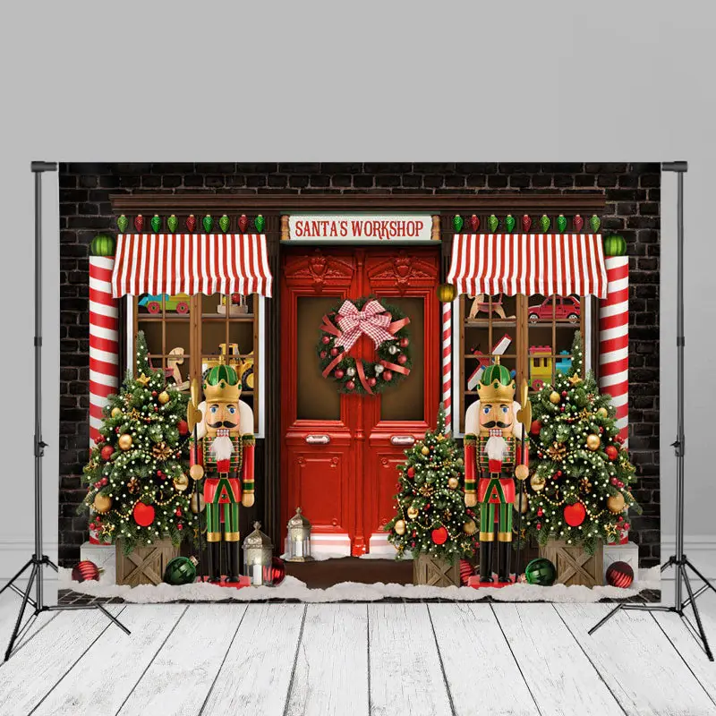 Santas Workshop Red Door Christmas Trees Backdrop - Aperturee