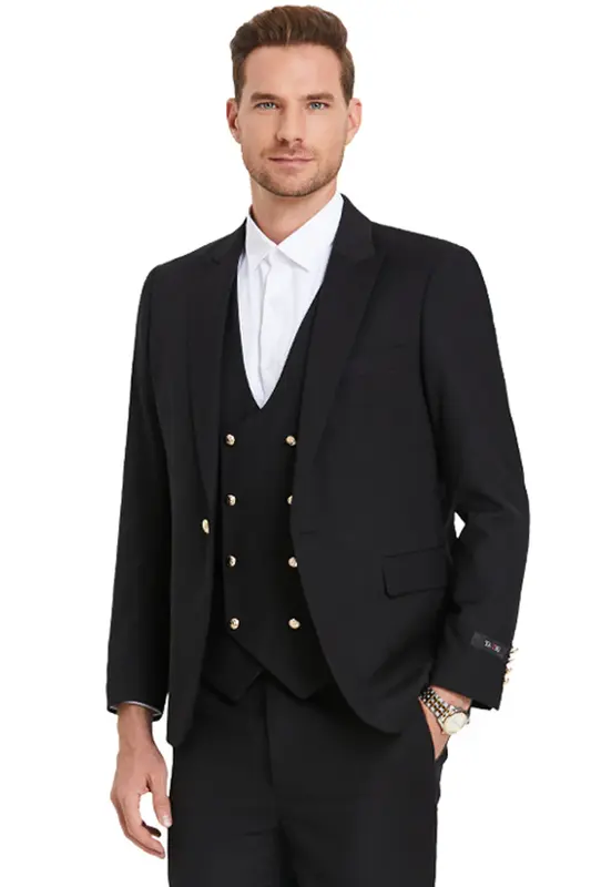 Black Men's Vested Suit with Gold Buttons - One Button Peak Lapel