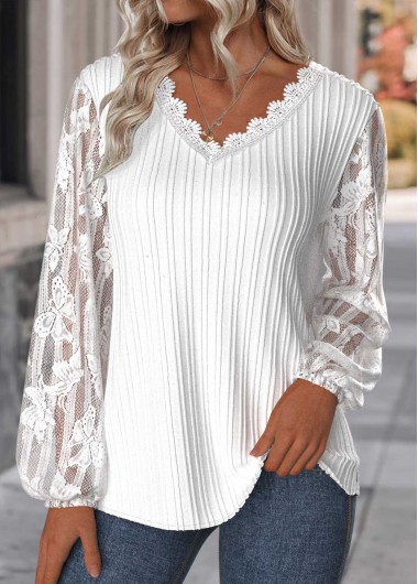 Modlily White Lace Long Sleeve V Neck Blouse - XXL