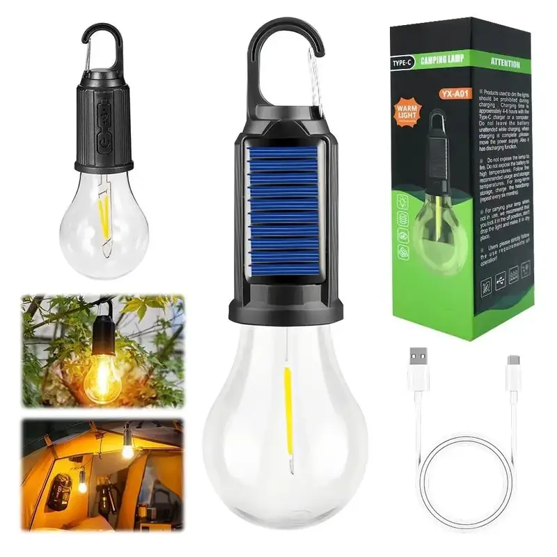 Solar Rechargeable Hooked Camping Light Vintage Outdoor Tent Camping Ambient Light Multi-functional Household Tungsten Lights
