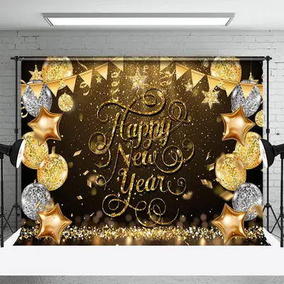 Gold Glitter Balloon Sequin Happy New Year Backdrop - Aperturee