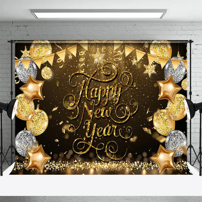 Gold Glitter Balloon Sequin Happy New Year Backdrop - Aperturee