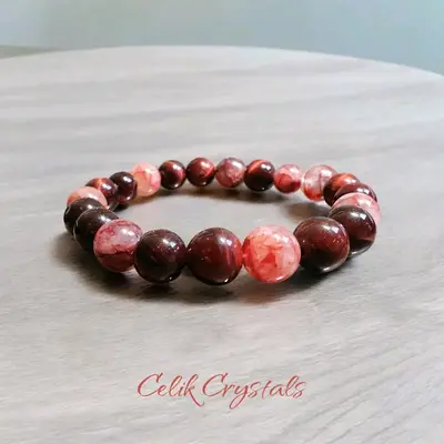 AAA Red Tiger Eye Bracelet with Fire Quartz (Red Hematoid Quartz) Handmade Stretch Bead Bracelet for Men and Women, 10mm