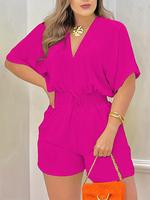 Women's Plain Drawstring Shirred Waist V Neck Romper, Lady Comfort Casual Half Sleeve Zipper Back High Waist Romper for Summe...