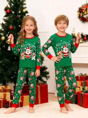 Christmas Party Pajama Set, Santa Snowman Print, Long Sleeve Round Neck Top & Pants, Spring & Fall Home Wear