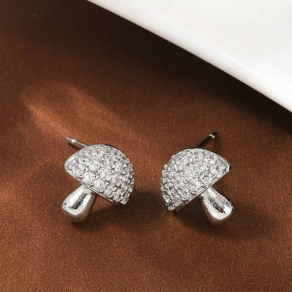 Mushroom Brass Micro Pave Clear Cubic Zirconia Stud Earrings