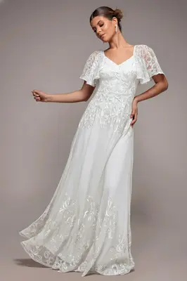 Goddiva Lace Flutter Sleeve Embroidered Mesh A Line Maxi Dress - White