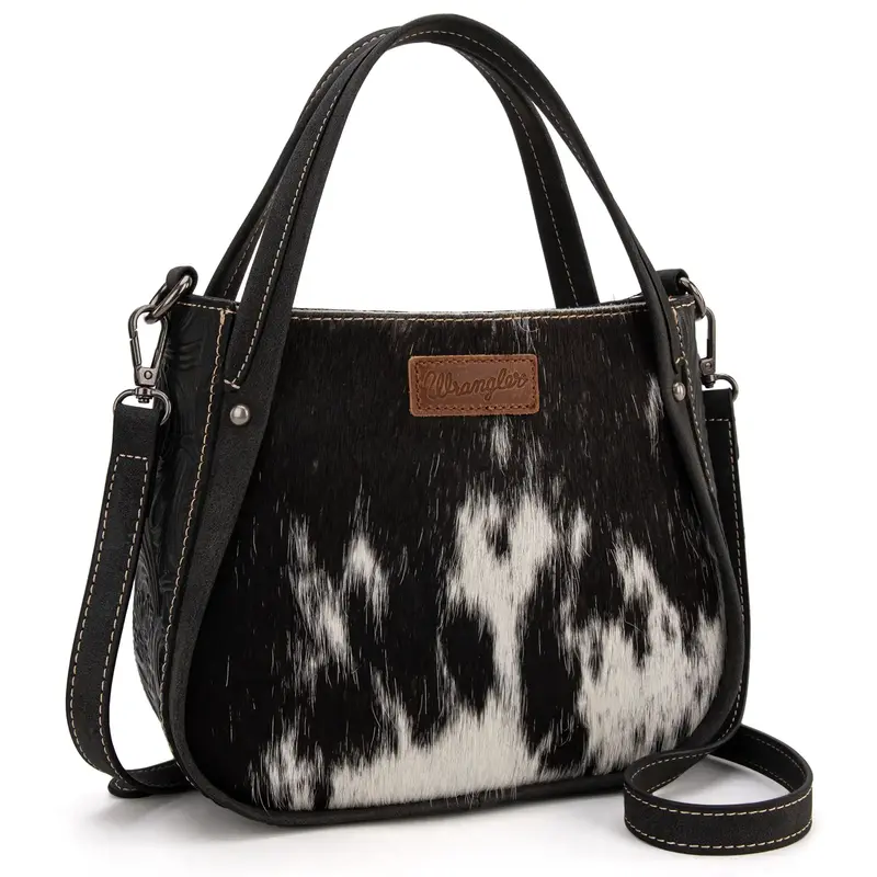 Wrangler Genuine Hair-On Cowhide Tote/Crossbody Bag with Adjustable Strap Floral Tooling & Top Zipper Closure Shoulder Bag Le...