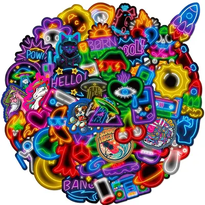 50pcs Neon Aesthetics Cartoon Pattern Creative Decorative Vinyl Sticker for Diy Water Bottle, Laptop, Skateboard, Notebook, S...