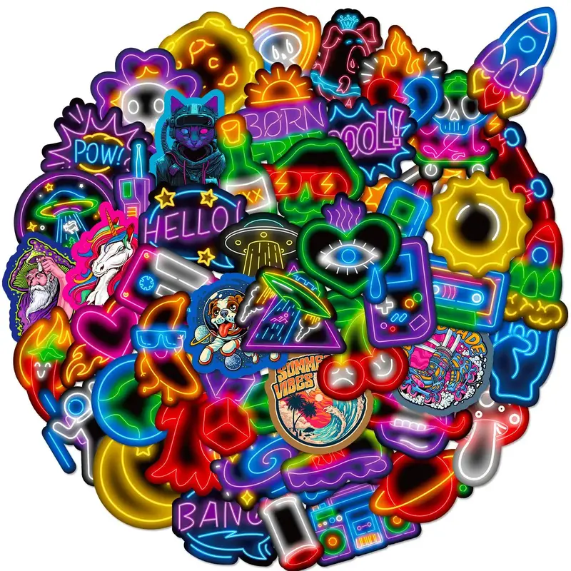 50pcs Neon Aesthetics Cartoon Pattern Creative Decorative Vinyl Sticker for Diy Water Bottle, Laptop, Skateboard, Notebook, S...