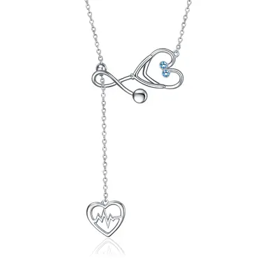 Sterling Silver Circular Cubic Zirconia Electrocardiogram & Heart Stethoscope Adjustable Y Necklace For Women