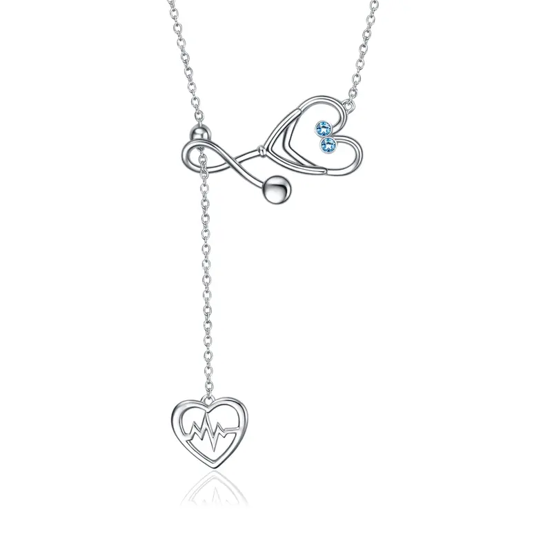 Sterling Silver Circular Cubic Zirconia Electrocardiogram & Heart Stethoscope Adjustable Y Necklace For Women