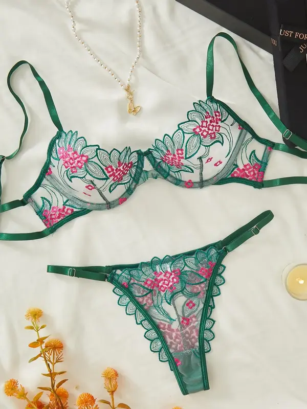 Women's Ditsy Floral Embroidered Contrast Mesh Underwear Set, Casual Push Up Bras & Panty, Summer Outfits 2024, Lingerie Set...