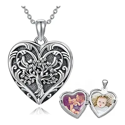 Sterling Silver Tree Of Life & Heart Personalized Photo Locket Necklace for women