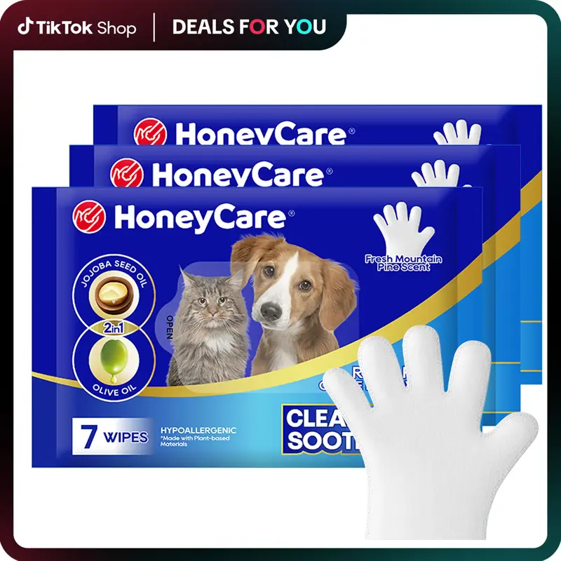 HONEYCARE: All-Absorb Pet Glove Wipes for All Pets | Dogs & Cats | Hypoallergenic | No Foam | Disposable No Rinse Shampooing ...