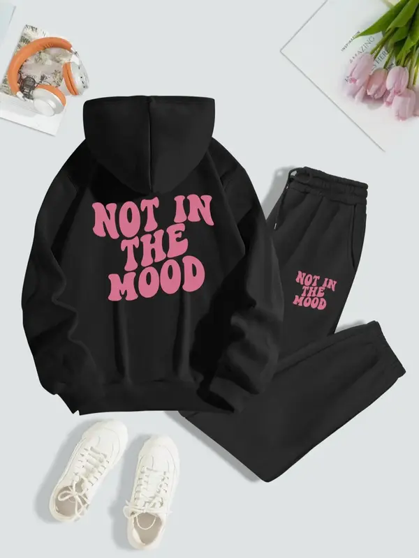Women's Letter Print Drop Shoulder Hoodie & Drawstring Pocket Sweatpants Set, Long Sleeve Pullover Top & Jogger Pants, Women'...