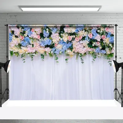 White Blue Pink Floral Greenery Wedding Backdrop - Aperturee