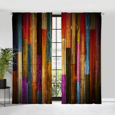 2 Counts Colorful Block Print Curtain, Fashion Creative Home Curtain, Decorative Window Curtain for Home Living Room, Christm...