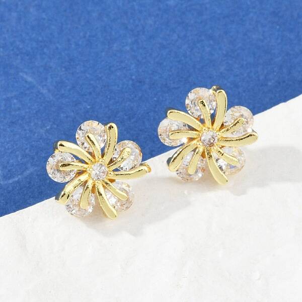 Flower Brass Micro Pave Clear Cubic Zirconia Stud Earrings