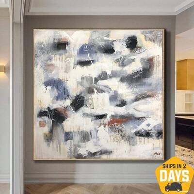 Extra Large Beige Paintings On Canvas Colorful Art Original Artwork Modern Wall Art | MORNING IN NORWAY 40"x40"
