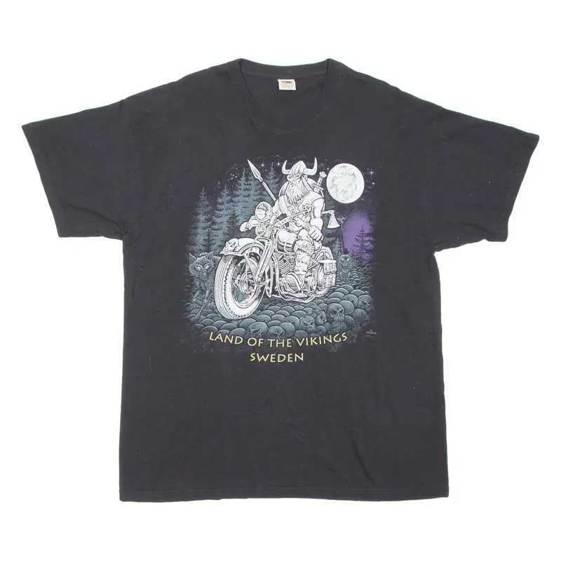 FRUIT OF THE LOOM Land Of The Vikings Sweden Mens Biker T-Shirt Black 2XL