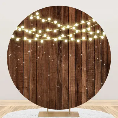 Lights Dot Brown Wooden Wall Round Birthday Backdrop - Aperturee
