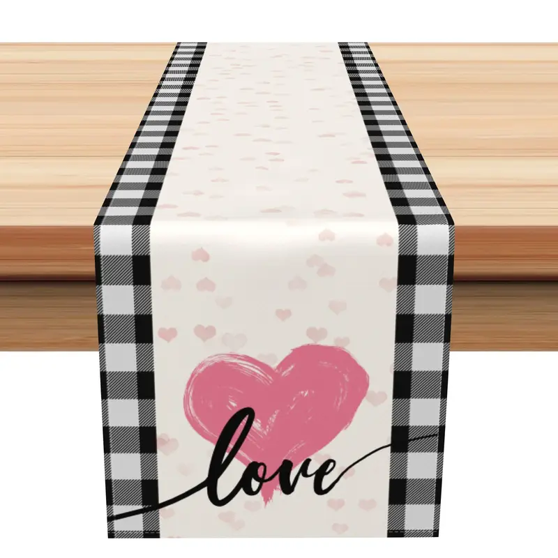 Aperturee Pink Heart Black Plaid Valentines Day Table Runner | Table Runner For Dining Table | Custom Table Cloth Runner | Pa...