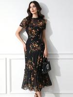 Women's Floral Print Tulle Dress, Elegant Chic Mock Neck Long Sleeve Ruffle Trim Dress for Party Holiday Wedding Guest, Ladie...