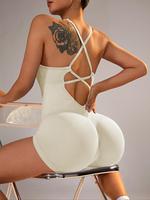 Women's Solid Criss Cross Backless Padded Sports Romper, Adjustable Strap Sleeveless Scrunch Butt Cami Bodycon Romper for Yog...