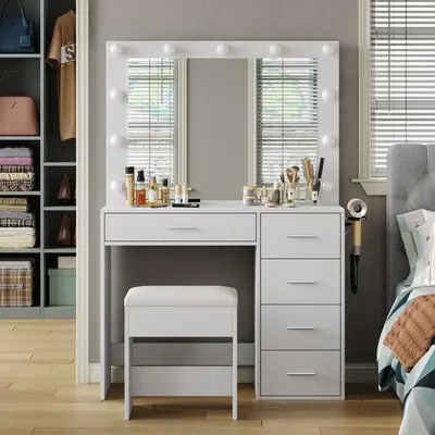 FUSOU 37W 5 Drawers Vanity Desk with Power Outlet, Makeup Table with Lighted Mirror, 3 Color Lighting Modes,Vanity Table Dr...