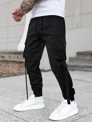 Men's Drawstring Elastic Waist Fitted Cargo Pants, Loose Buckle Tape Decor Flap Pocket Utility Trousers, Multi-Pocket Jogger...