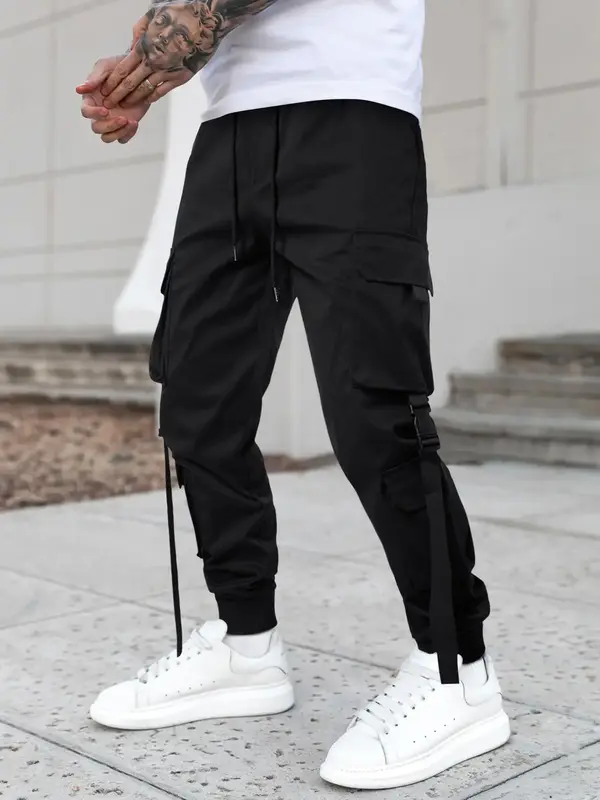 Men's Drawstring Elastic Waist Fitted Cargo Pants, Loose Buckle Tape Decor Flap Pocket Utility Trousers, Multi-Pocket Jogger...