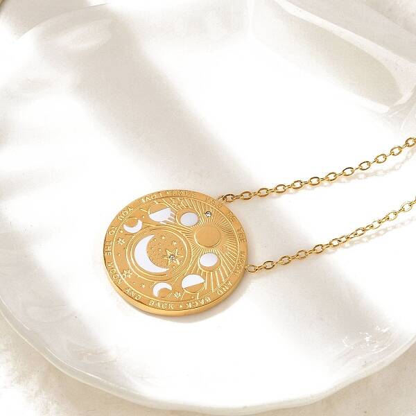 304 Stainless Steel Clear Cubic Zirconia Moon Phase Flat Round Pendant Necklaces