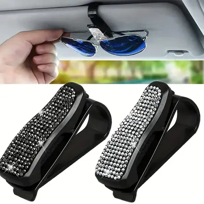 Artificial Rhinestone Decor Car Sunglasses Holder, 2 Counts Portable Car Glasses Clip, Sun Visor Organizer Clip, Multifunctio...