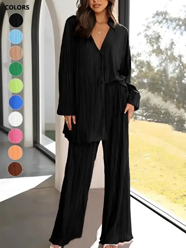 Women's Solid Textured Button Front Top & Flare Leg Pants Set, Casual Longsleeves Top & High Waist Trousers, Women's Spring &...