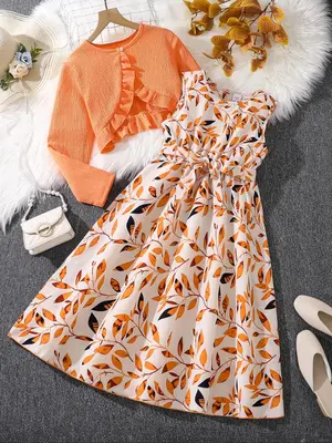 Two-piece Set Girl's Button Front Ruffle Trim Top & Leaf Print Belted Dress Set, Elegant Fashion Casual for Daily Outdoor Wea...