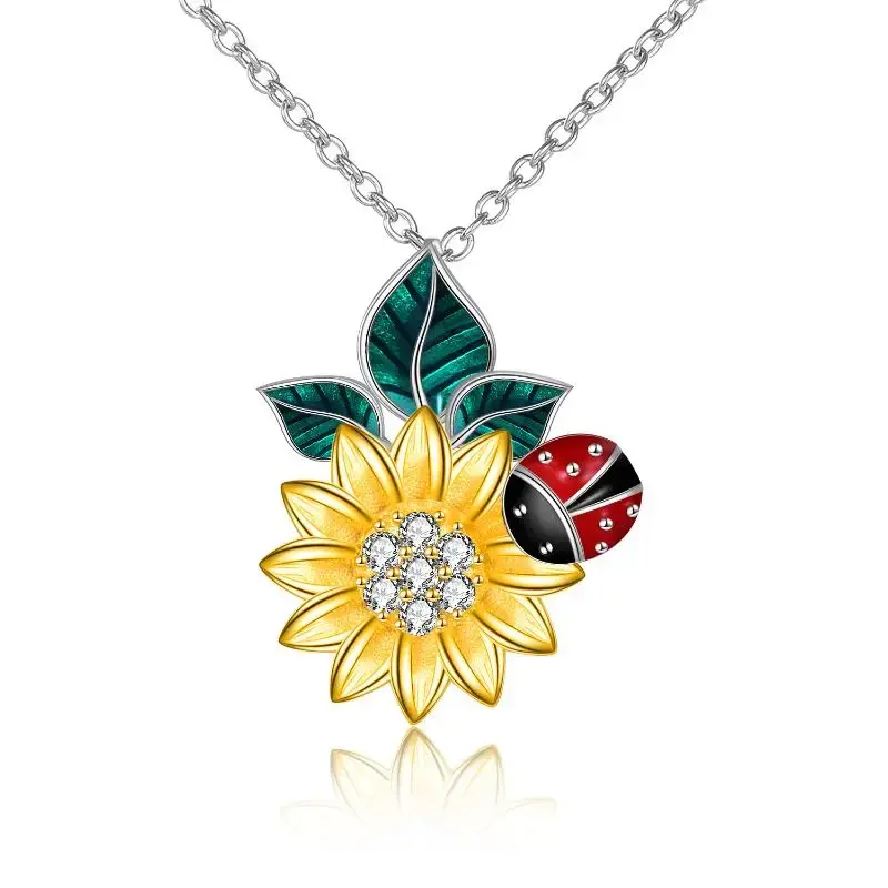 Sterling Silver Two-tone Cubic Zirconia Ladybug & Sunflower Pendant Necklace