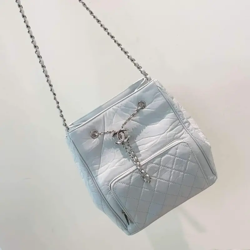 Pre-owned CHANEL calfskin Shoulder Bags CC Drawstring Pocket Bucket Bag Quilted Aged Small