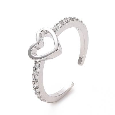 Clear Cubic Zirconia Hollow Out Heart Open Cuff Ring